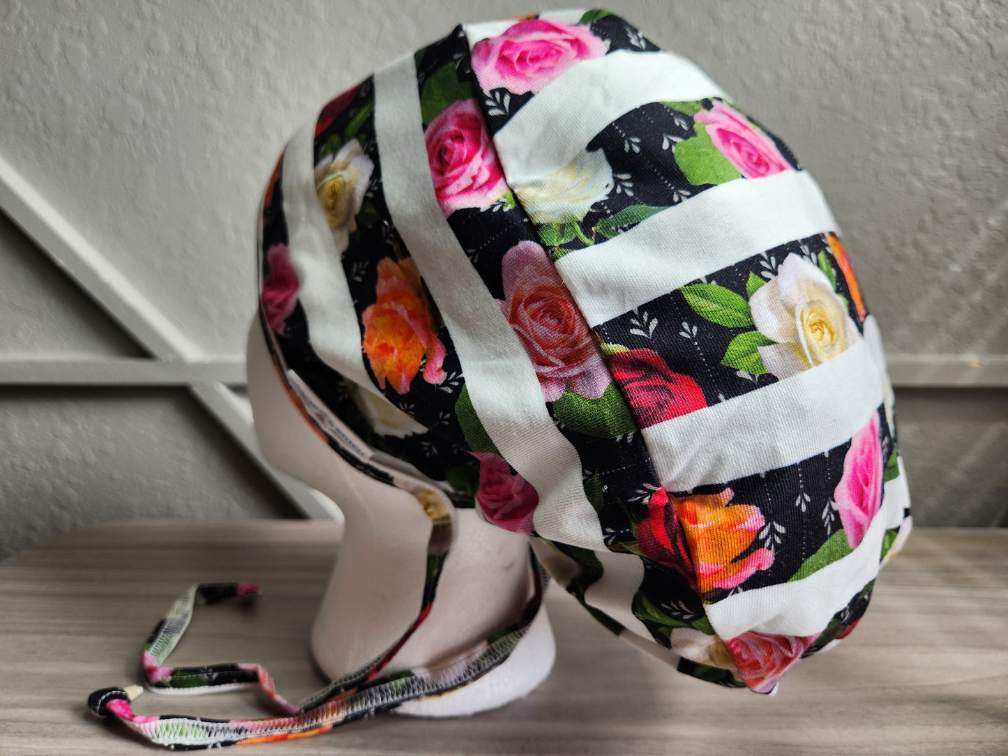 Floral Print Ponytail Scrub Cap - Black/White